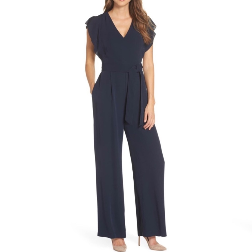 Eliza J Size Navy Blue Flutter Sleeve V Neck Wide Leg Jump Suit Pantsuit Size 0p